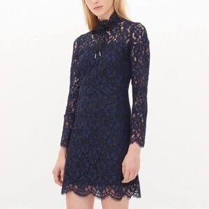 SANDRO Paris Rina Long Sleeve Lace Dress Womens Large Navy Blue FR 2 or S